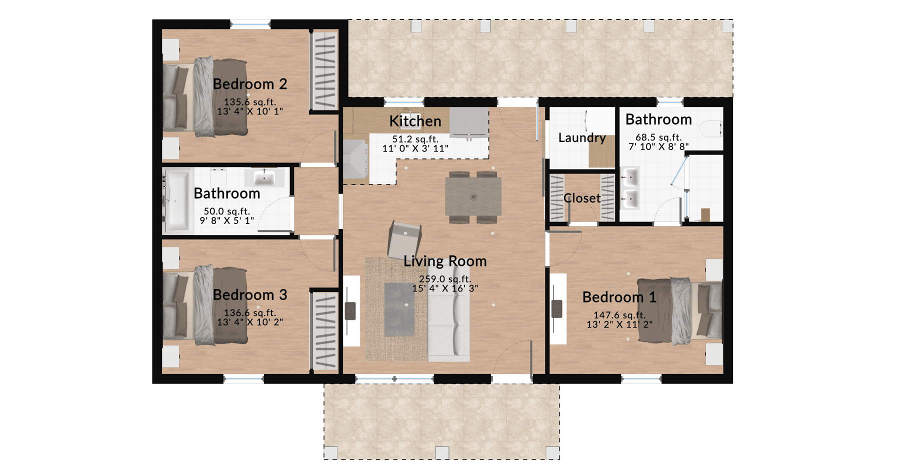 Furnished three-bedroom house floor plan with an inviting living room, fully equipped kitchen, and well-organized bedrooms for a comfortable home.