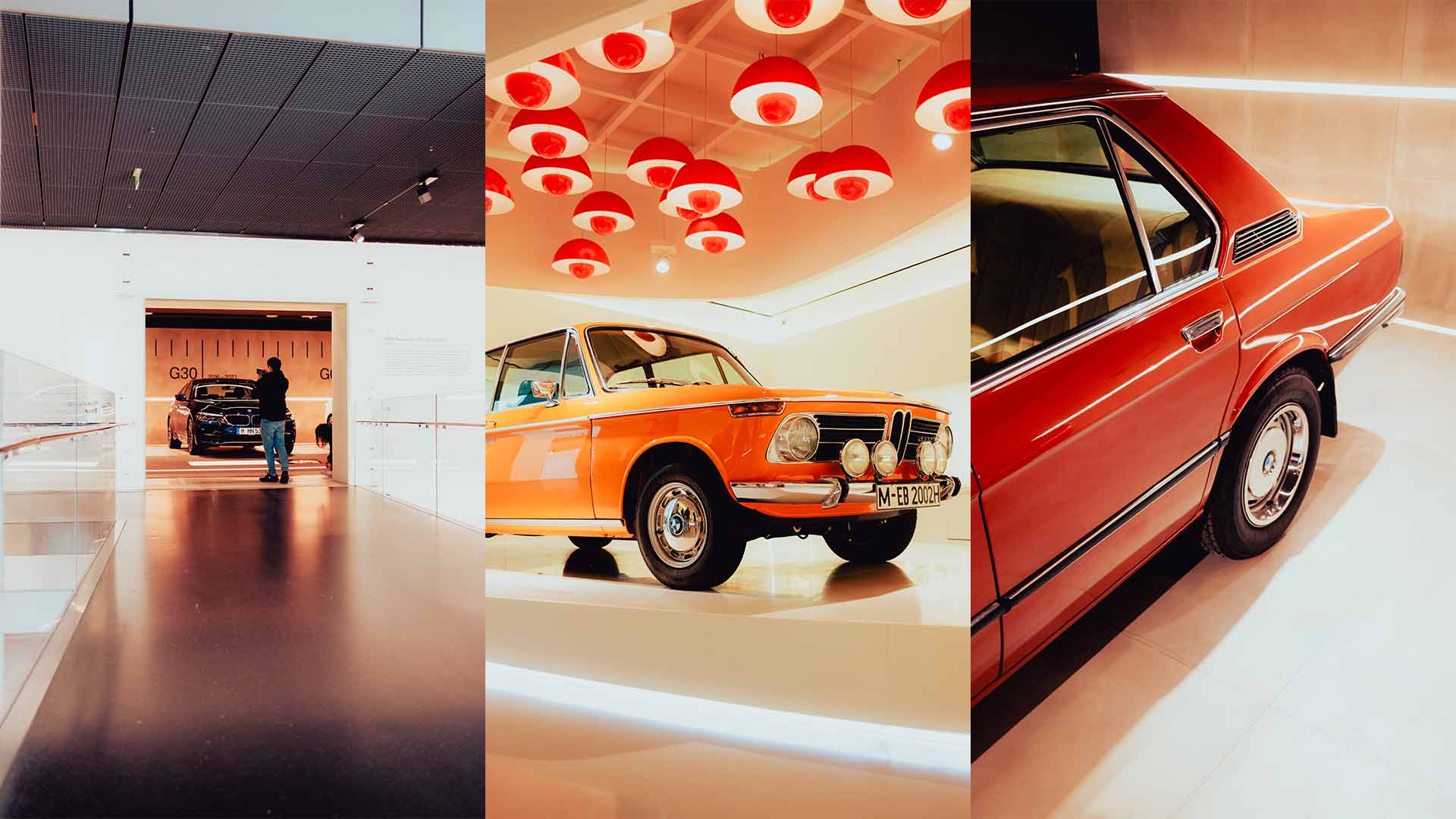 Three vertical images of cars in the BMW museum in Munich