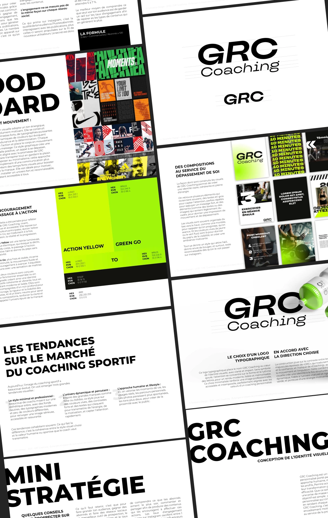 Vue d'ensemble du projet d'identité visuelle et social média kit conçu pour GRC Coaching, coach sportive indépendante — Tartelette Concept, graphiste freelance