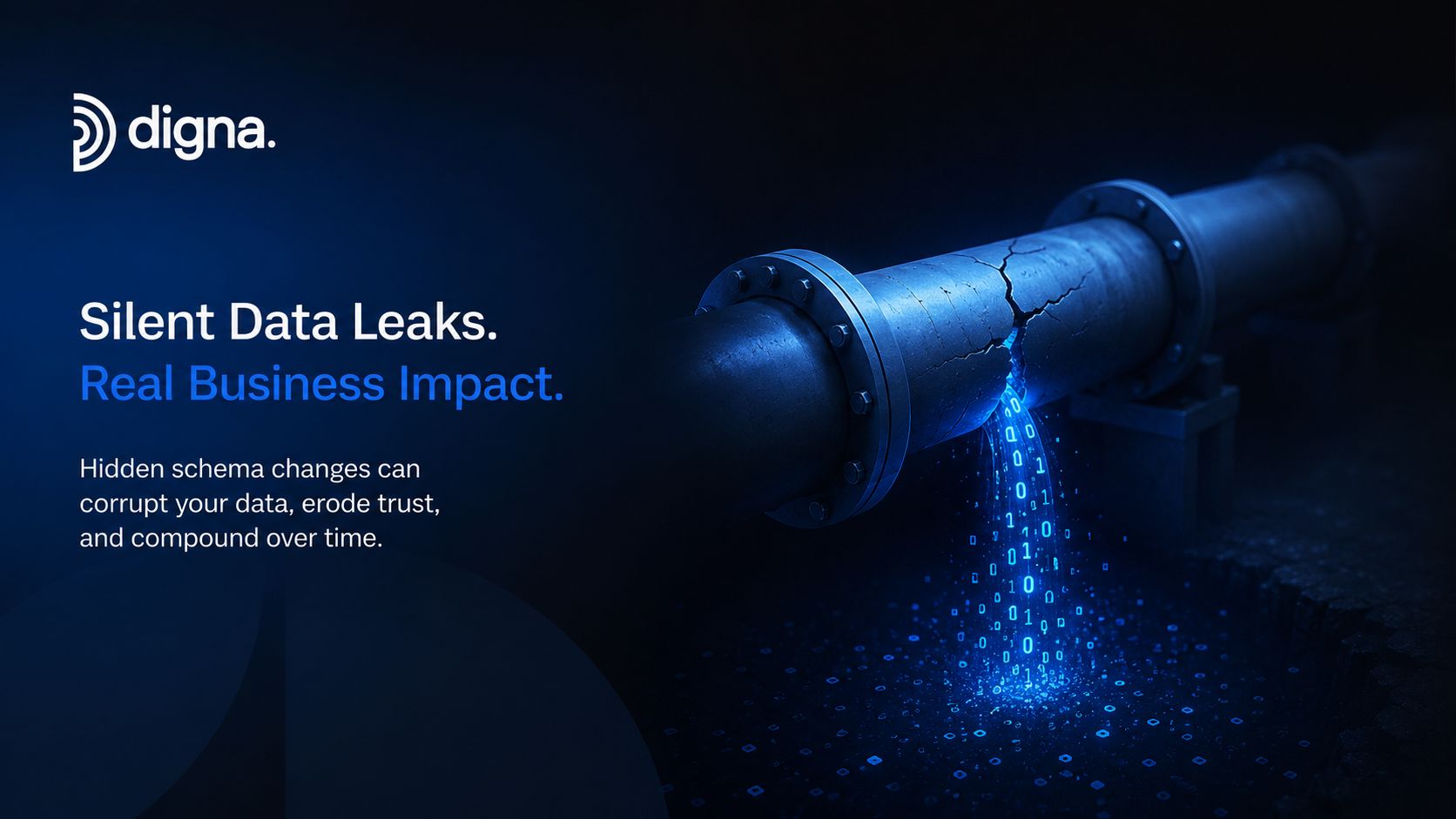 A digital illustration showing a cracked pipeline leaking binary code onto the ground, representing data leakage.