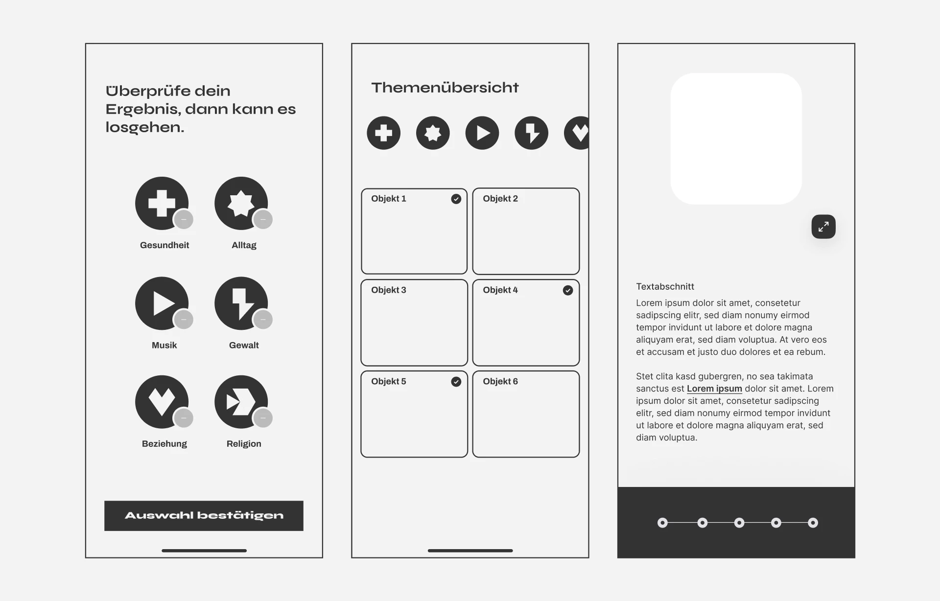 Screens von fjnlands Low-Fidelity-Designs für die Web-App der KZ-Gedenkstätten Buchenwald und Sachsenhausen, die Themenübersicht und Objektansicht zeigen.