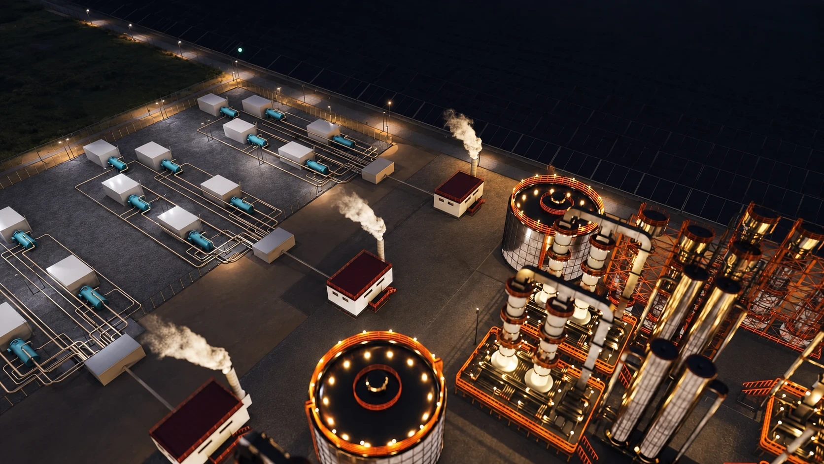 Rendered aerial view of an industrial site at night with thermal storage units and process plant