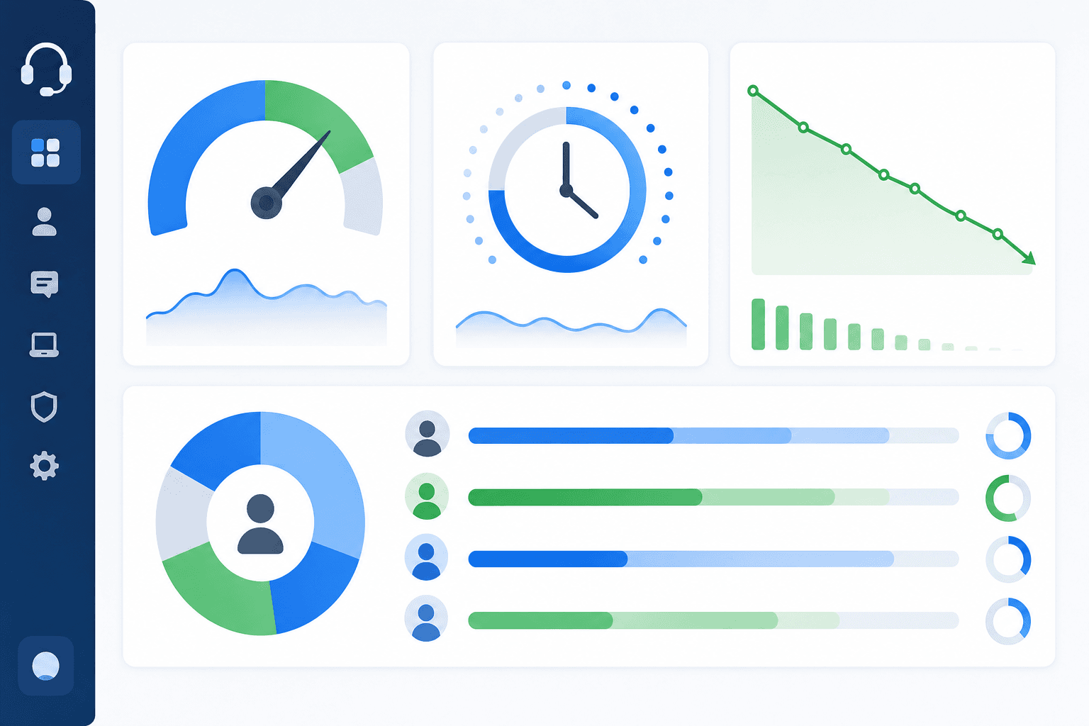 A clean, modern business dashboard illustration showing IT help desk key performance metrics and analytics. Visual elements include: deflection rate gauge or indicator, resolution time clock or timer, cost savings graph trending downward, and agent utilization visualization. Use a professional color palette with blues, greens, and grays. Minimal, contemporary style with data visualization elements like charts, gauges, and progress indicators. No text, words, numbers, or letters - purely visual representation of metrics and performance tracking concepts