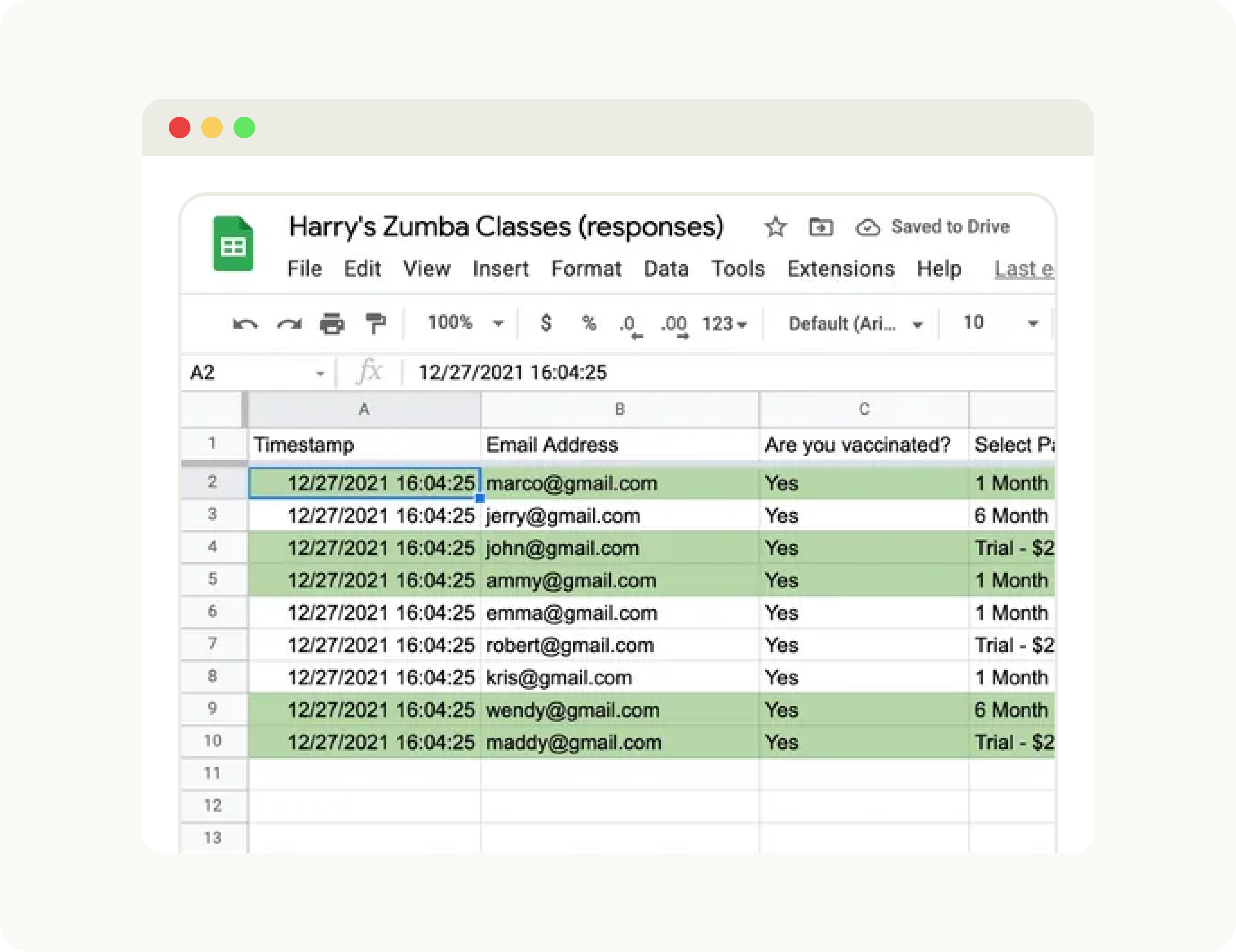 A spreadsheet titled "Harry's Zumba Classes" shows responses,  including timestamps,  emails