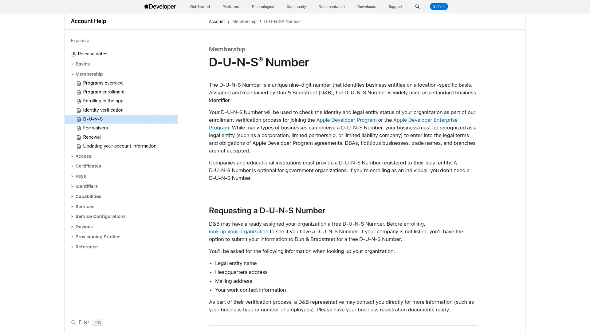 Apple support page explaining the D-U-N-S Number requirement for organization enrollment
