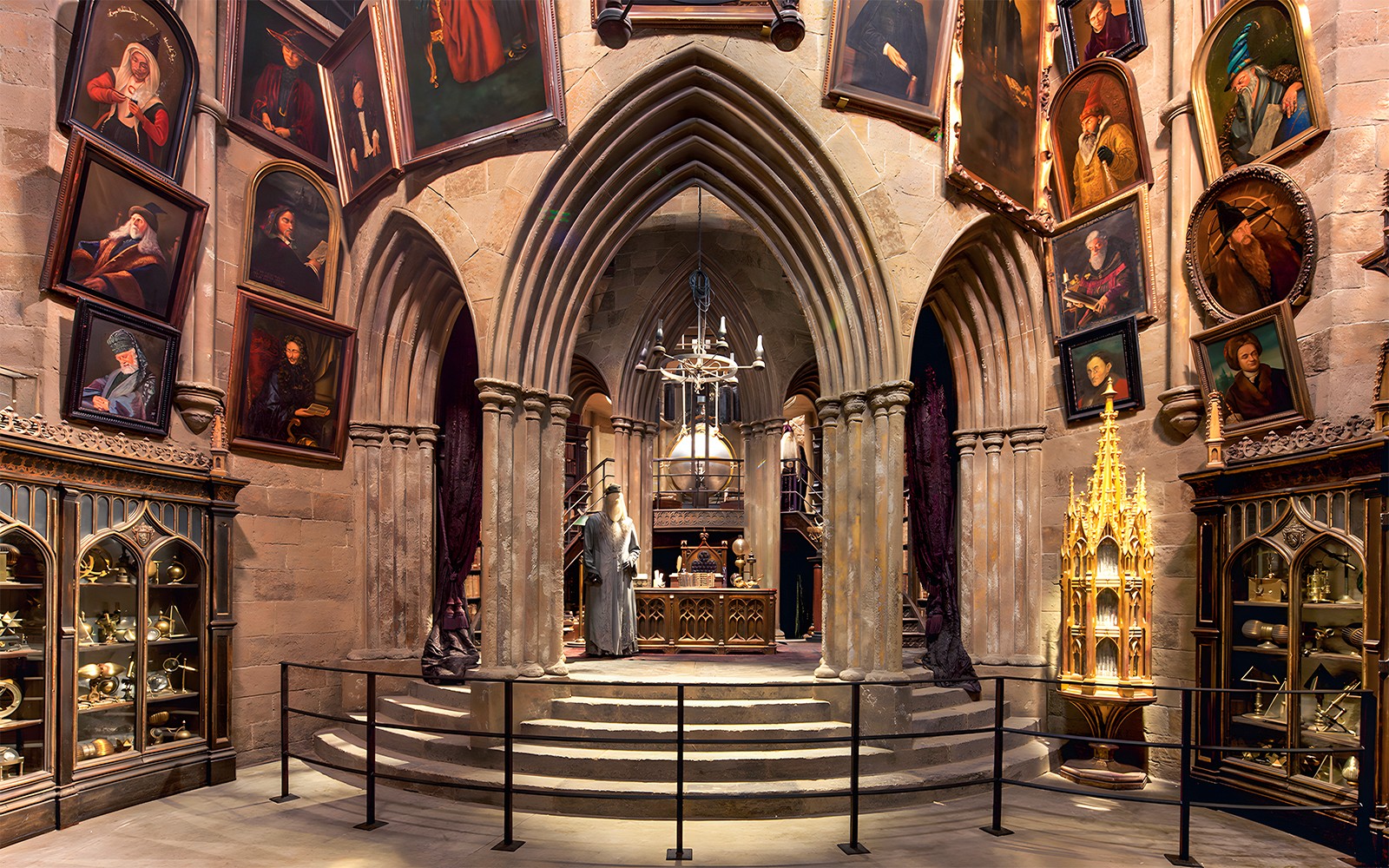 Costume exhibits in hall at Harry Potter London tour.