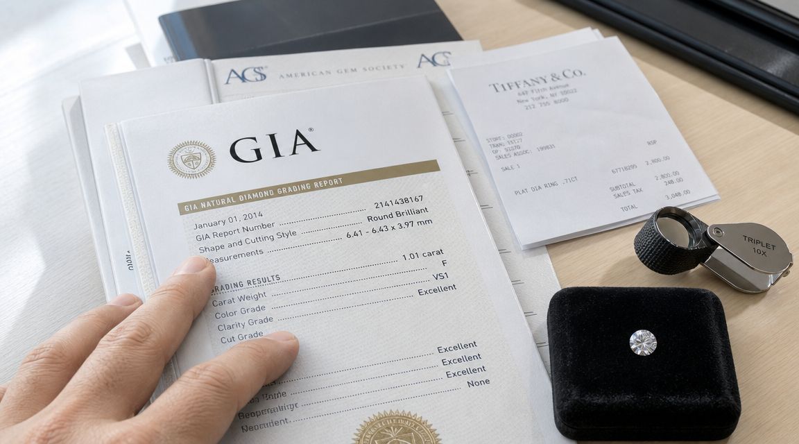 A GIA diamond grading report for a 1.01 carat diamond next to a loose diamond and jeweler's loupe.