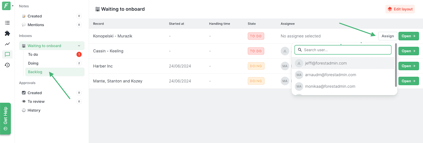 A screenshot of Forest Admin presenting the backlog of tasks in the Inbox