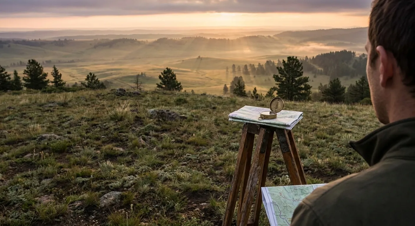 Man surveys landscape with a compass and map, symbolizing RockN' Socials' Digital Marketing Agency.