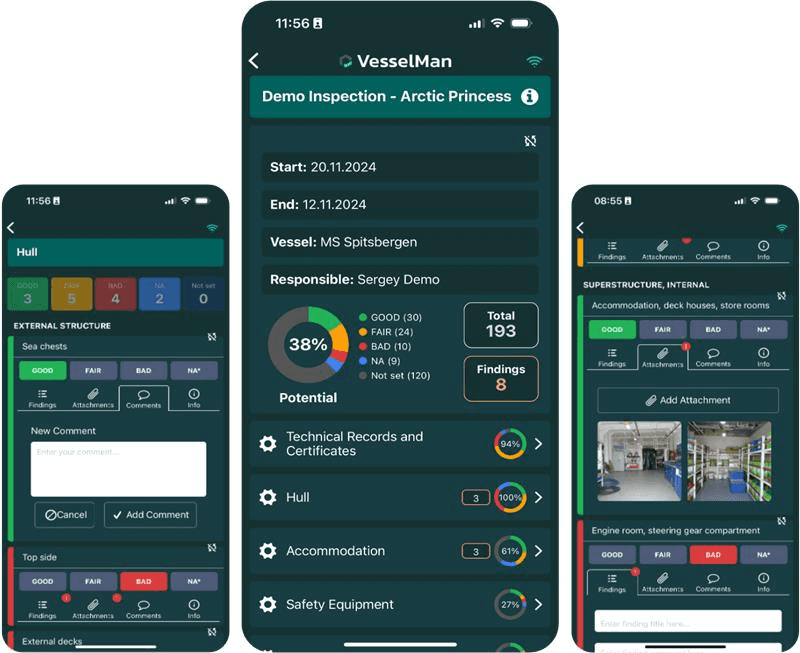 User interface showing various app features, including menus, charts, and input fields, in a dark theme design.