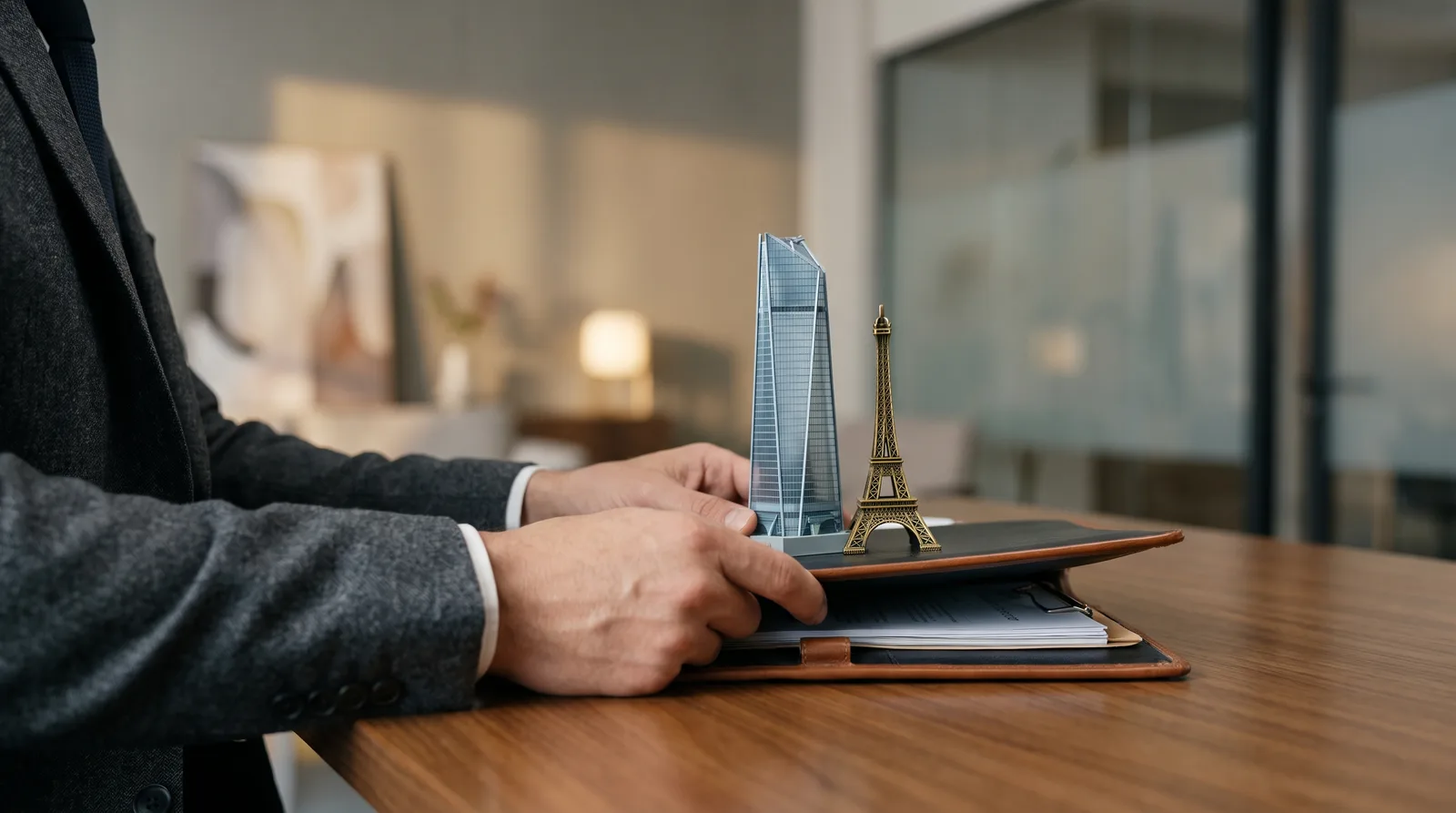 French founder planning a company move to Dubai at a modern office with the skyline behind