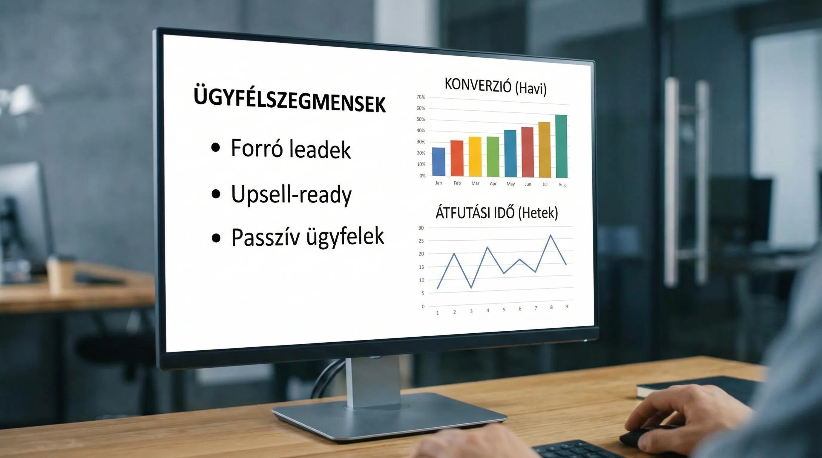 Egy egyszerű vállalati irányítópult illusztrációja: bal oldalt szegmenslista (Forró leadek, Upsell-ready, Passzív ügyfelek), jobb oldalt oszlopdiagram konverzióval és vonaldiagram átfutási idővel.