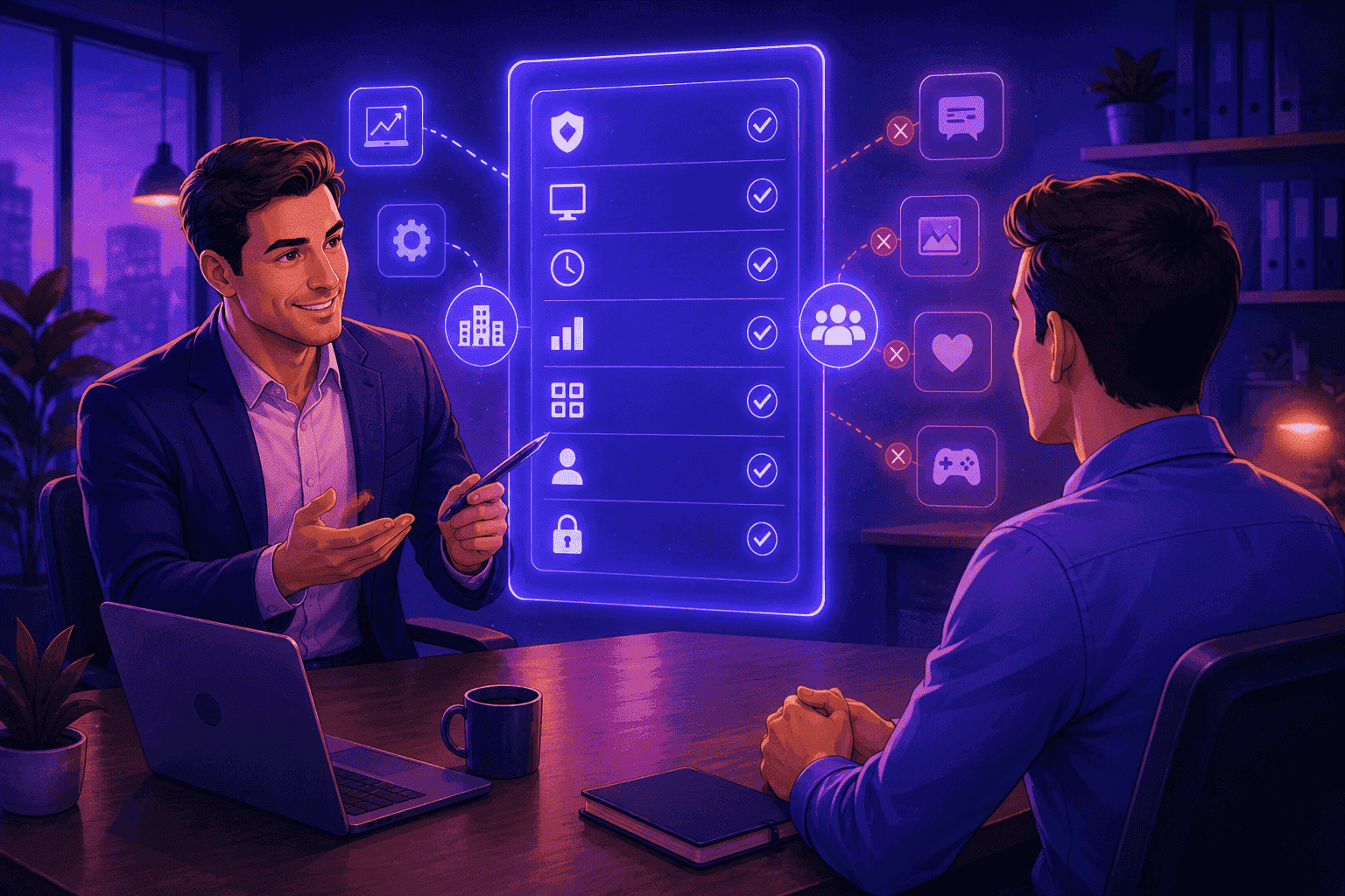 Manager transparently explaining which company device data is monitored and which personal activities remain private, using visual boundaries between business and personal information.