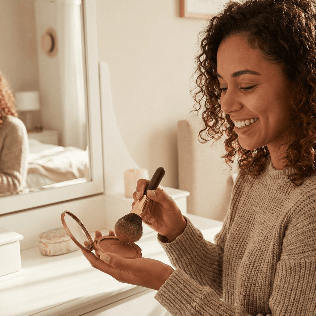Curly-haired AI model holding a makeup brush, makeup product photo
