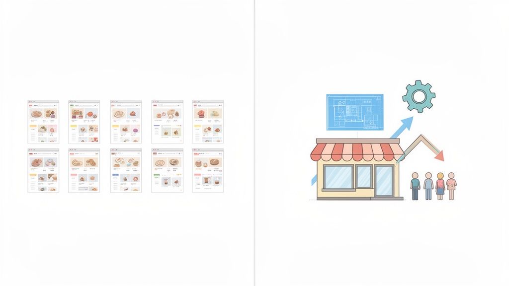 Visual of multiple e-commerce product pages alongside a physical store, blueprint, gear, and customers, illustrating business integration.