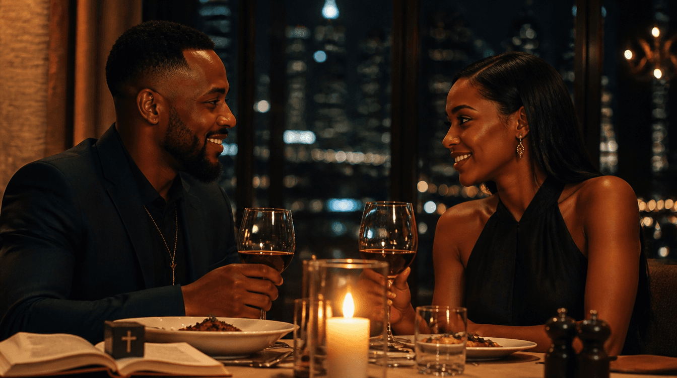 A couple toasting wine glasses at a restaurant with the Chicago skyline in the background