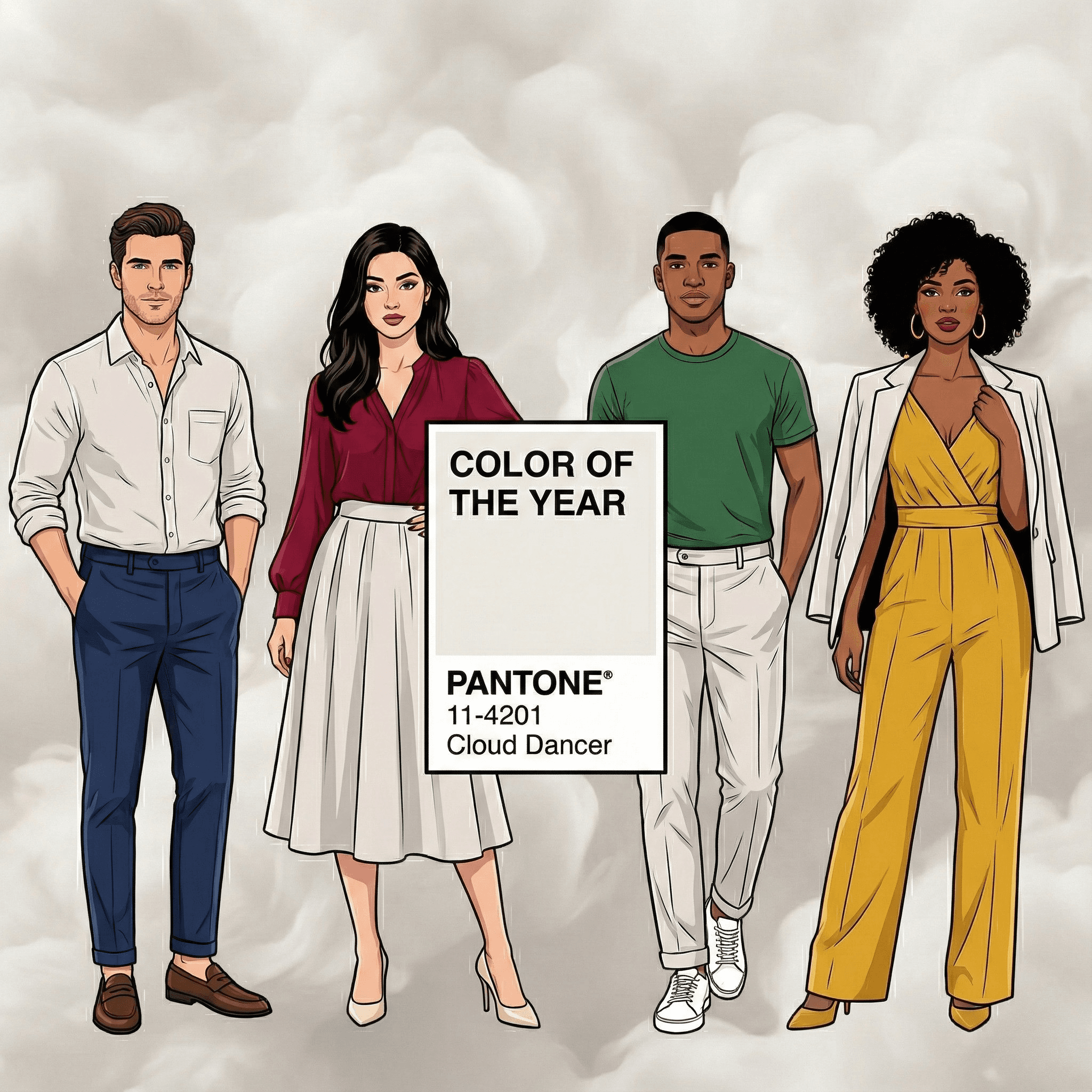 Fashion model wearing Cloud Dancer white outfit representing Pantone’s 2026 Color of the Year.