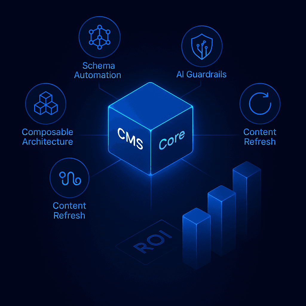 Central CMS orb with five feature modules and ROI bar graph, illustrating evaluation criteria for AI-ready CMS.
