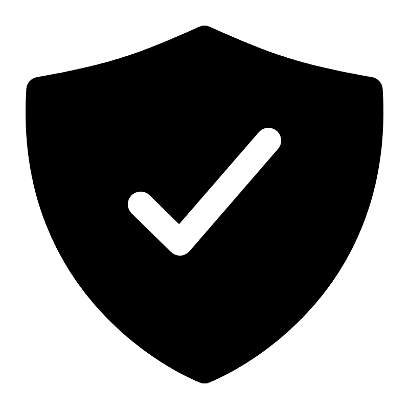 Black shield icon with white checkmark symbol representing security, protection, and verified compliance