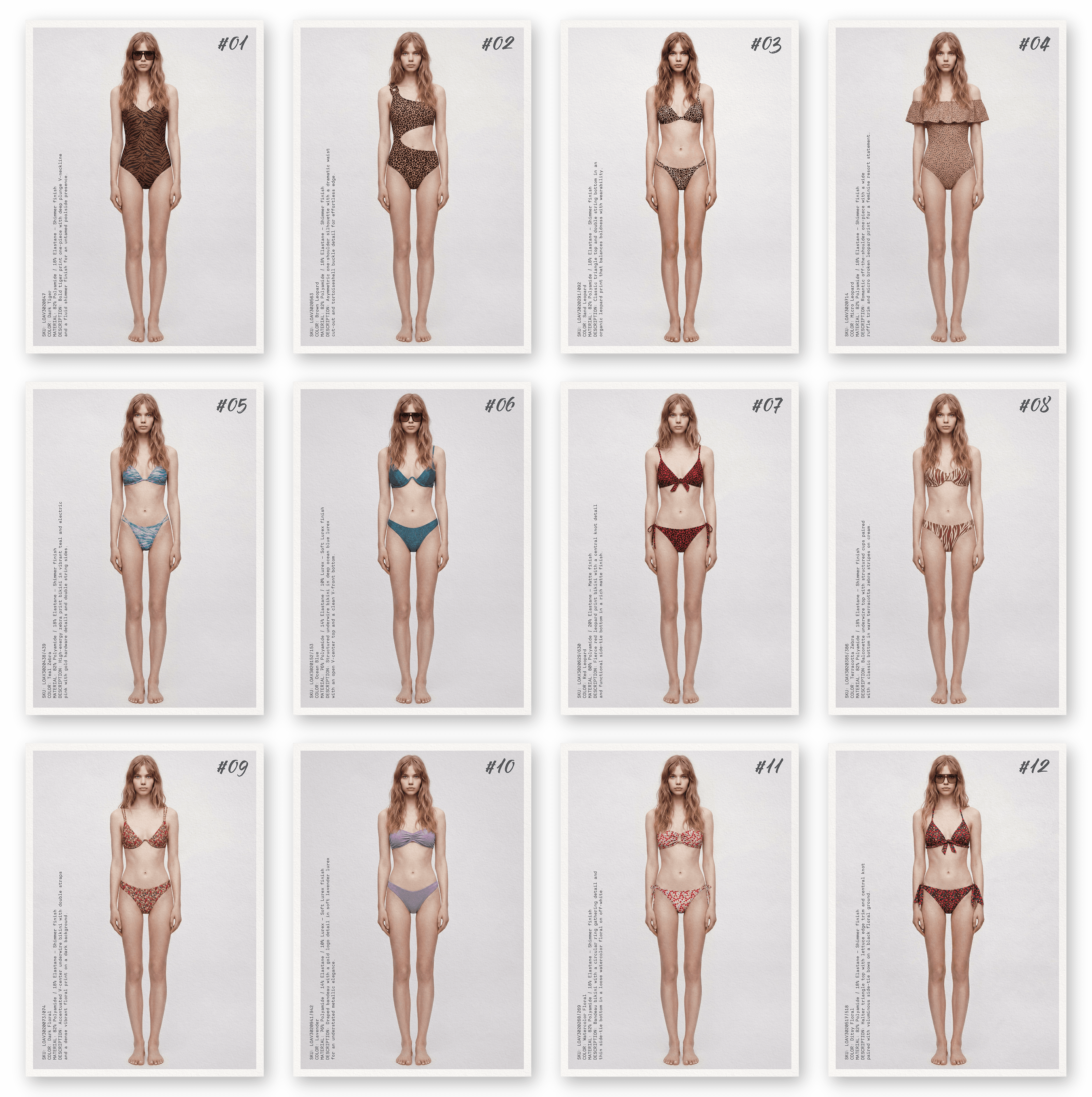Loavies Spring Summer collection lookbook — 20 swimwear styles featuring animal prints, bold florals, solid lurex and gradient one-pieces in shimmer and matte finishes.