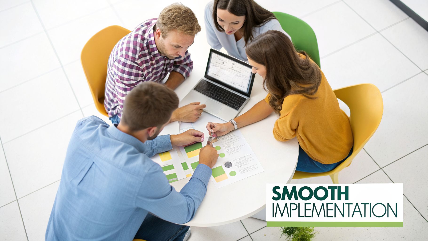 Team of four professionals collaborates on a project, reviewing documents and a laptop for smooth implementation.