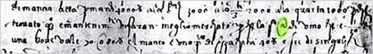 Handwriting on a piece of paper and one of the letters is highlighted in green.