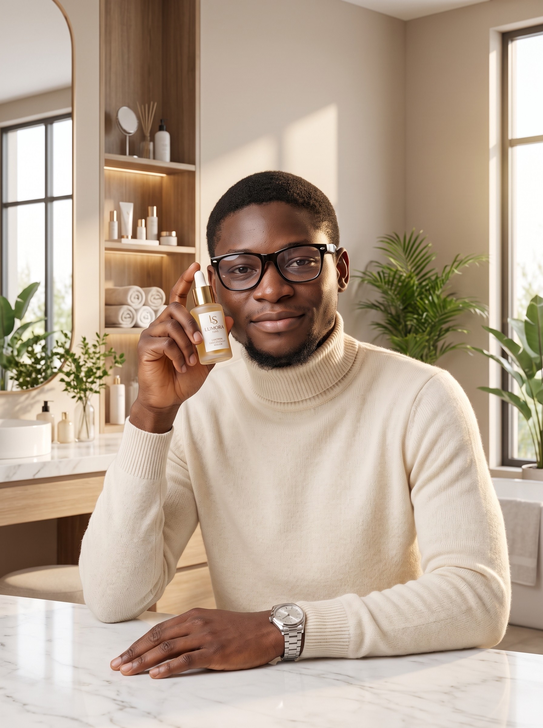 Entrepreneur holding serum beside product display