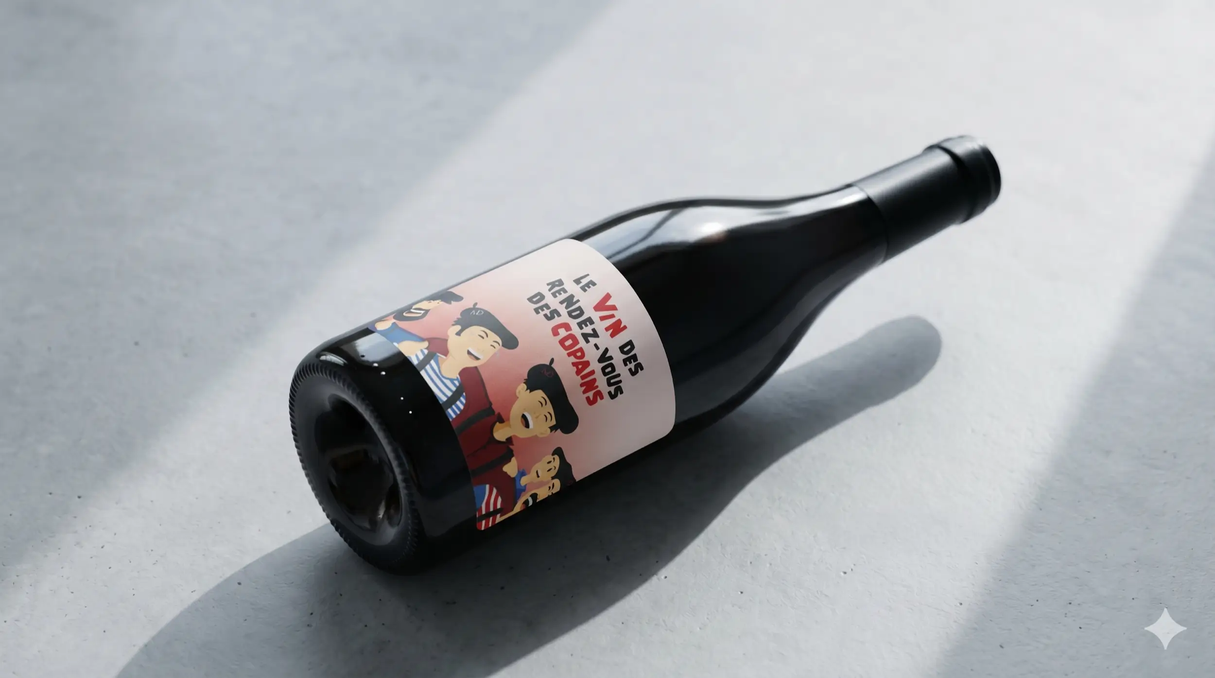 Une bouteille de vin rouge posé sur un sol en béton gris