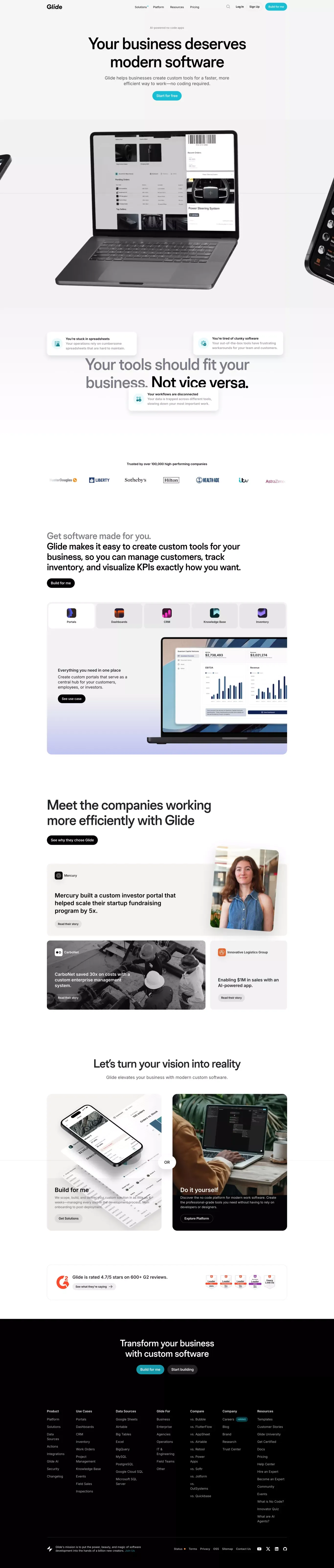 No Code App Builder: Create Custom, AI-P landing page screenshot showcasing Tech design