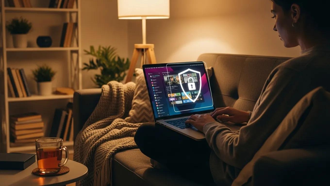 Person using a laptop with a VPN connection symbol, emphasizing online privacy and security