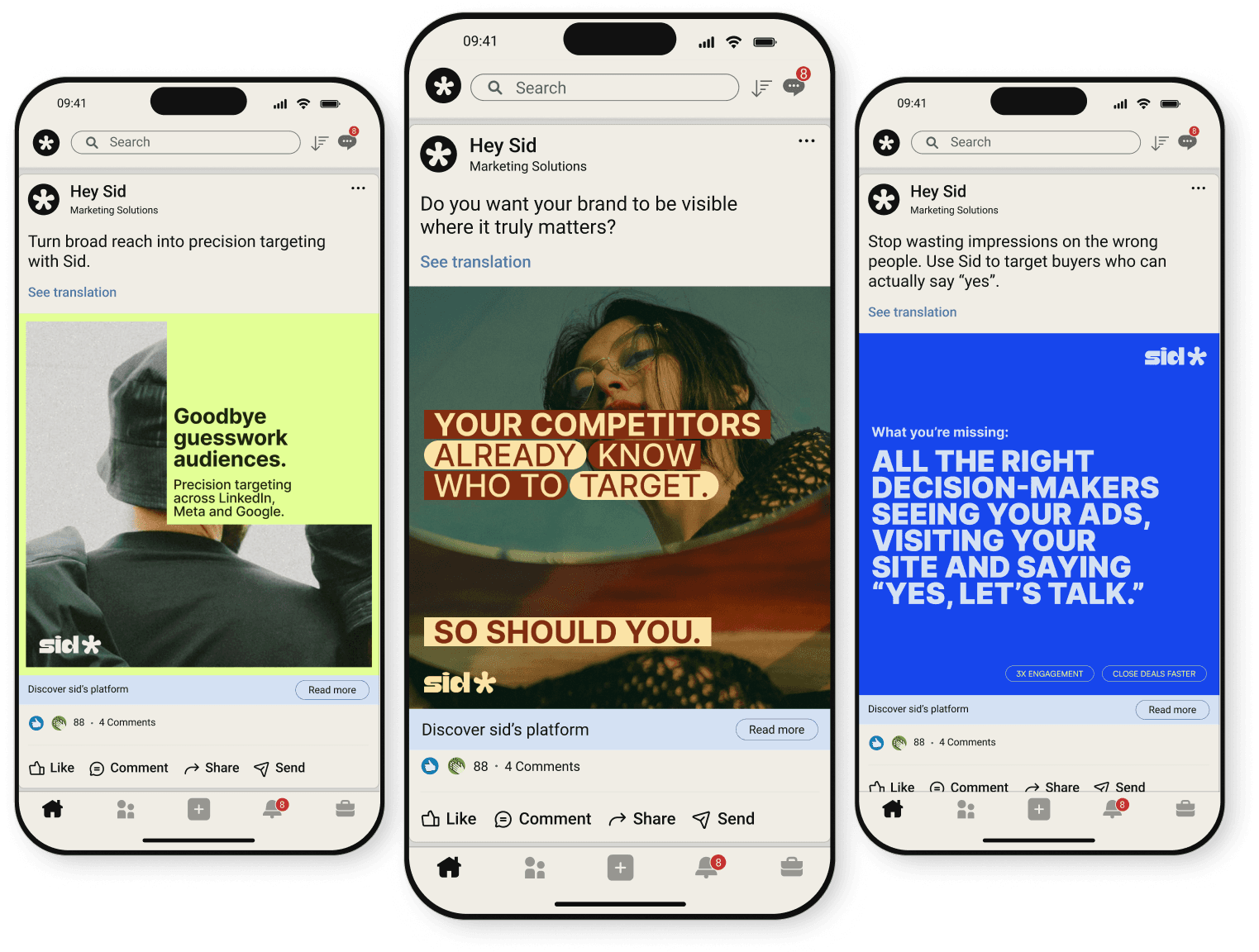 Three smartphone screens displaying social media ads for a marketing platform.