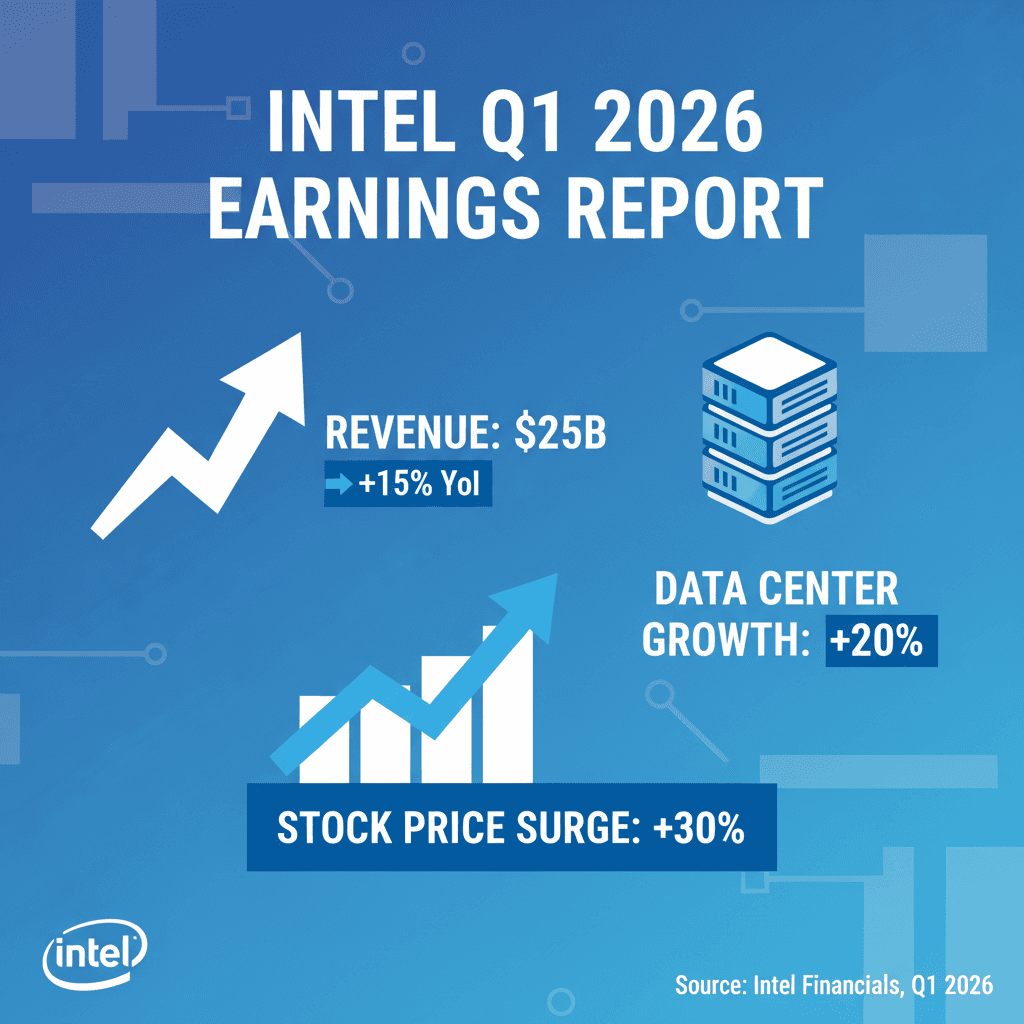 Infographic showing Intel's Q1 2026 earnings and stock surge
