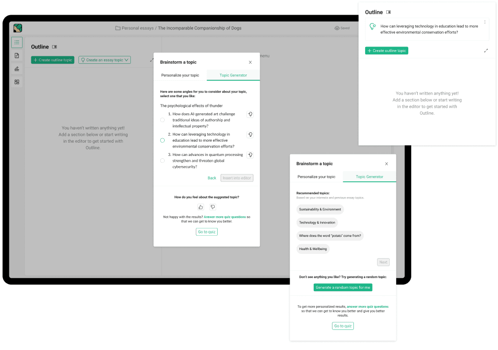 The first iteration of the brainstorm modal. This is where the topic finder lives in the Essay workspace.