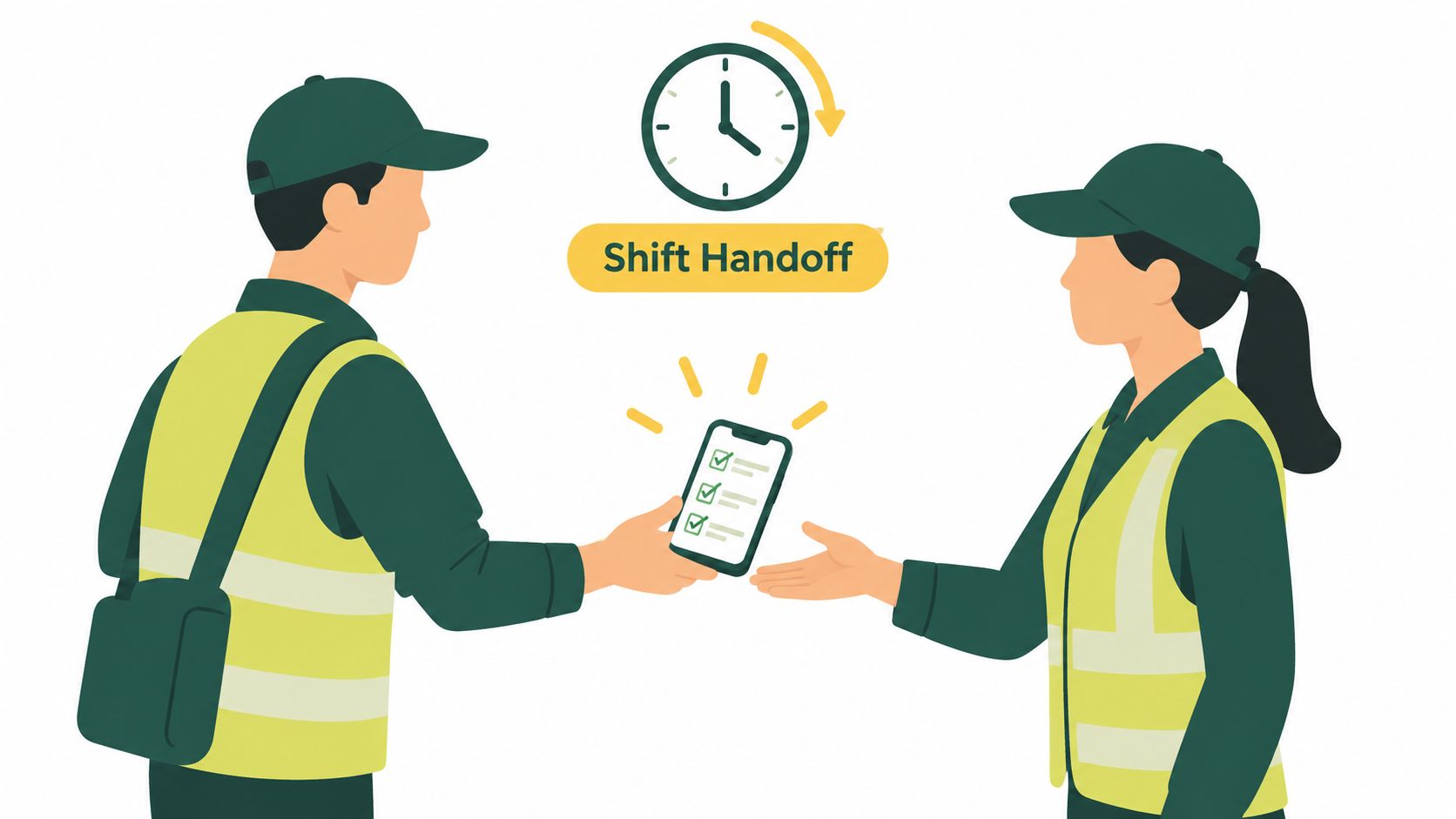 Two workers in safety vests passing a digital checklist device to each other during a shift handoff.