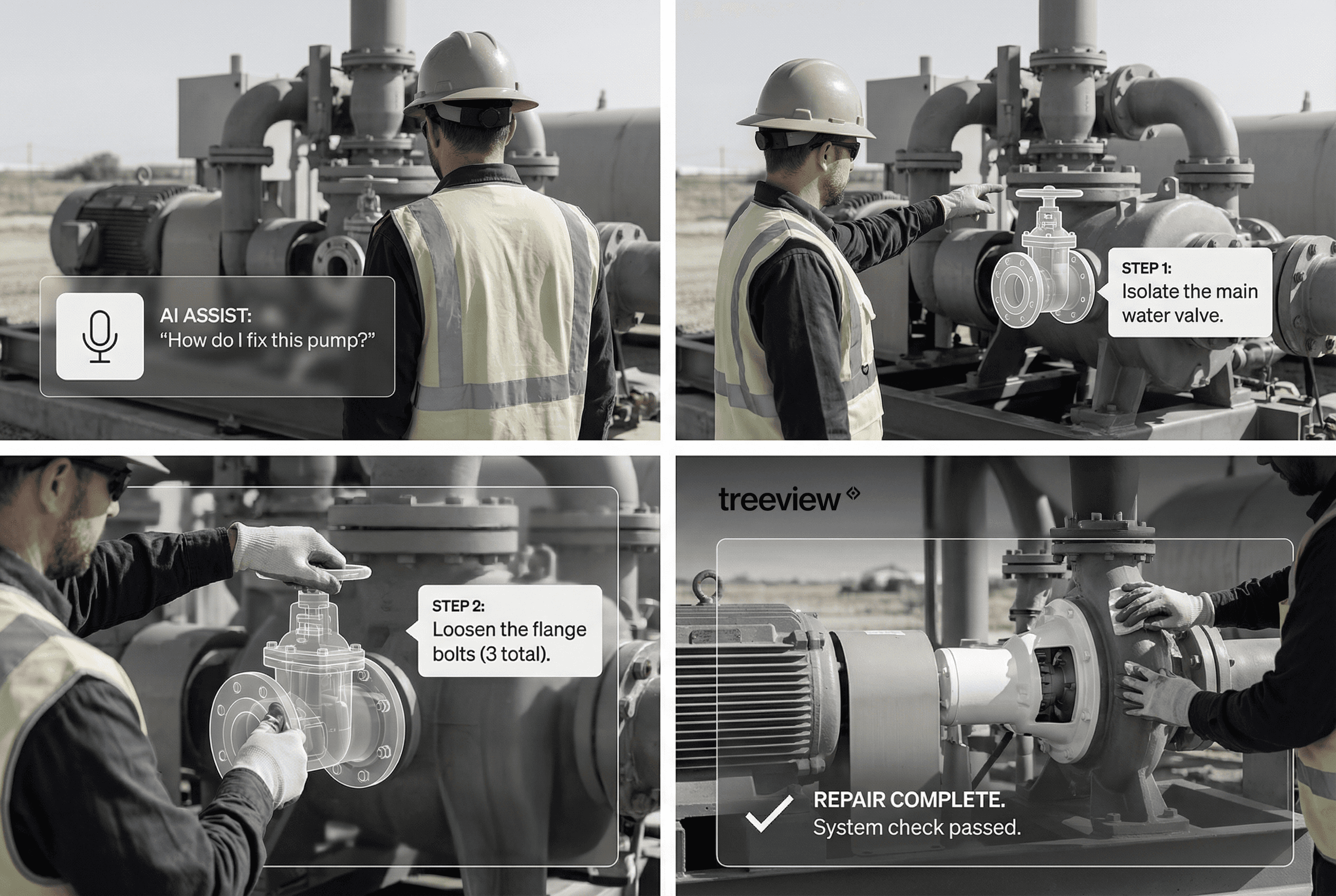 Storyboard showing an AI Assist workflow for industrial pump repair using smart glasses and object recognition.