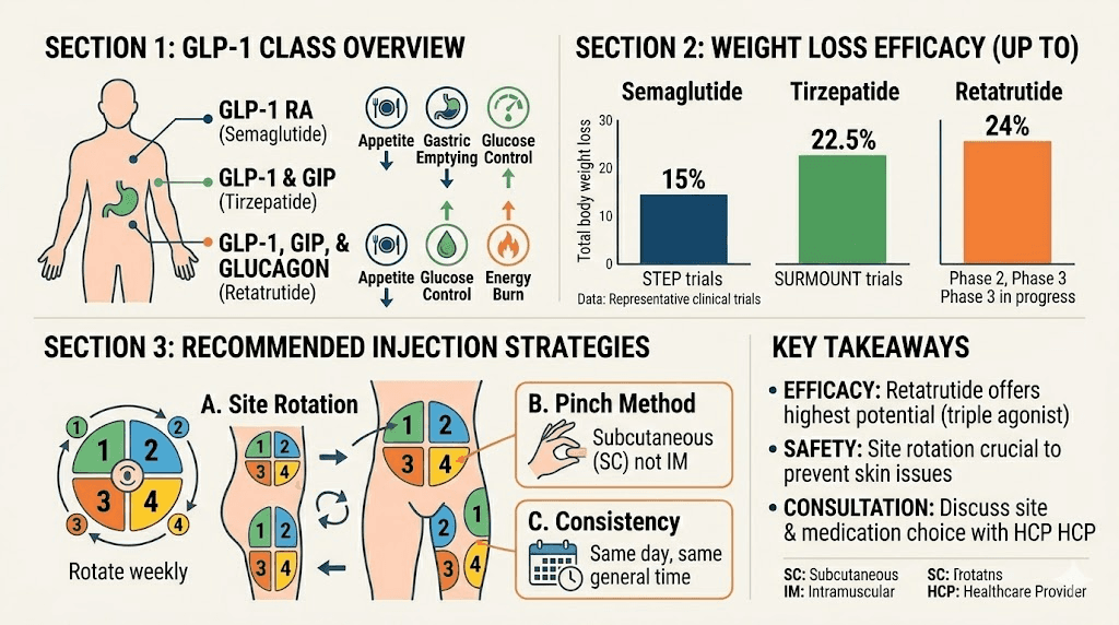 GLP-1 medication comparison chart for injection site selection