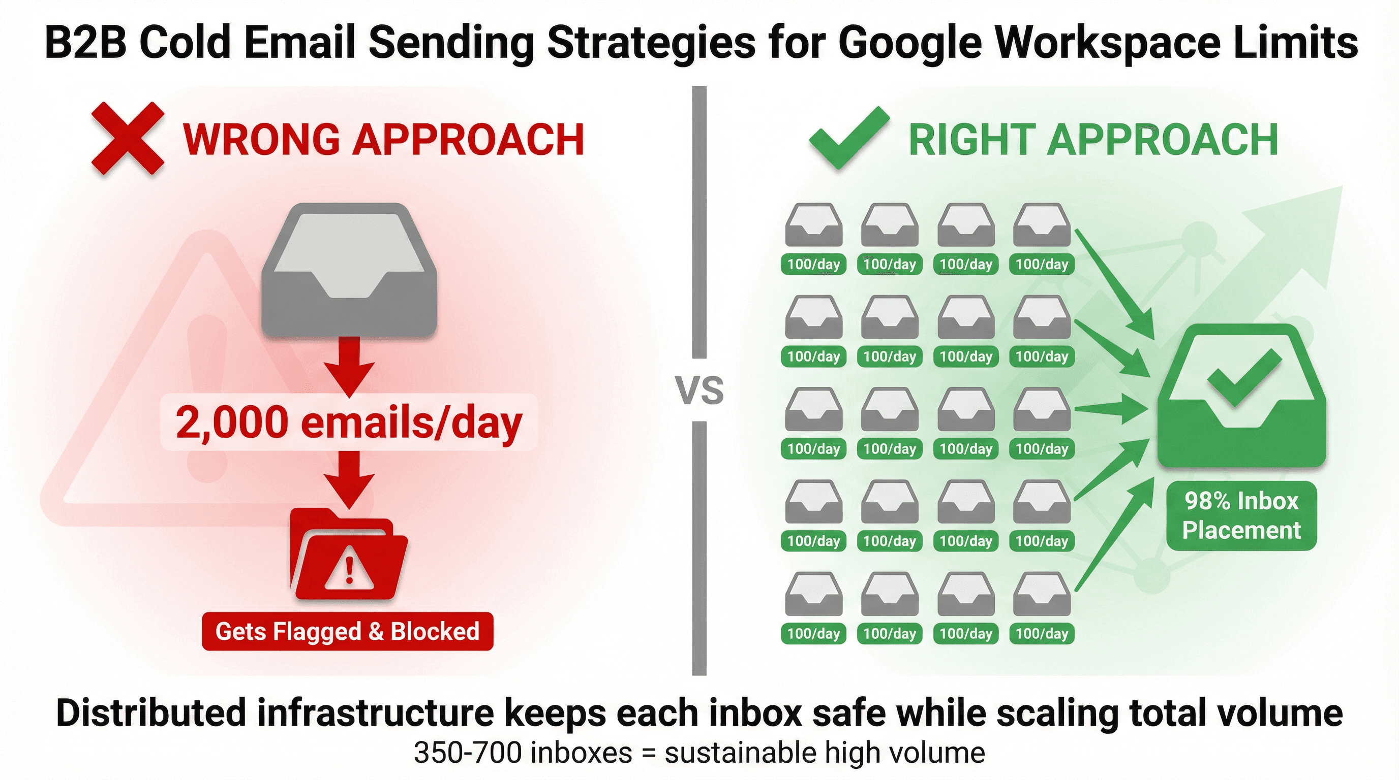 Split-screen comparison showing wrong approach (single inbox sending 2,000 emails to spam) vs right approach (20 inboxes sending 100 each for inbox delivery)
