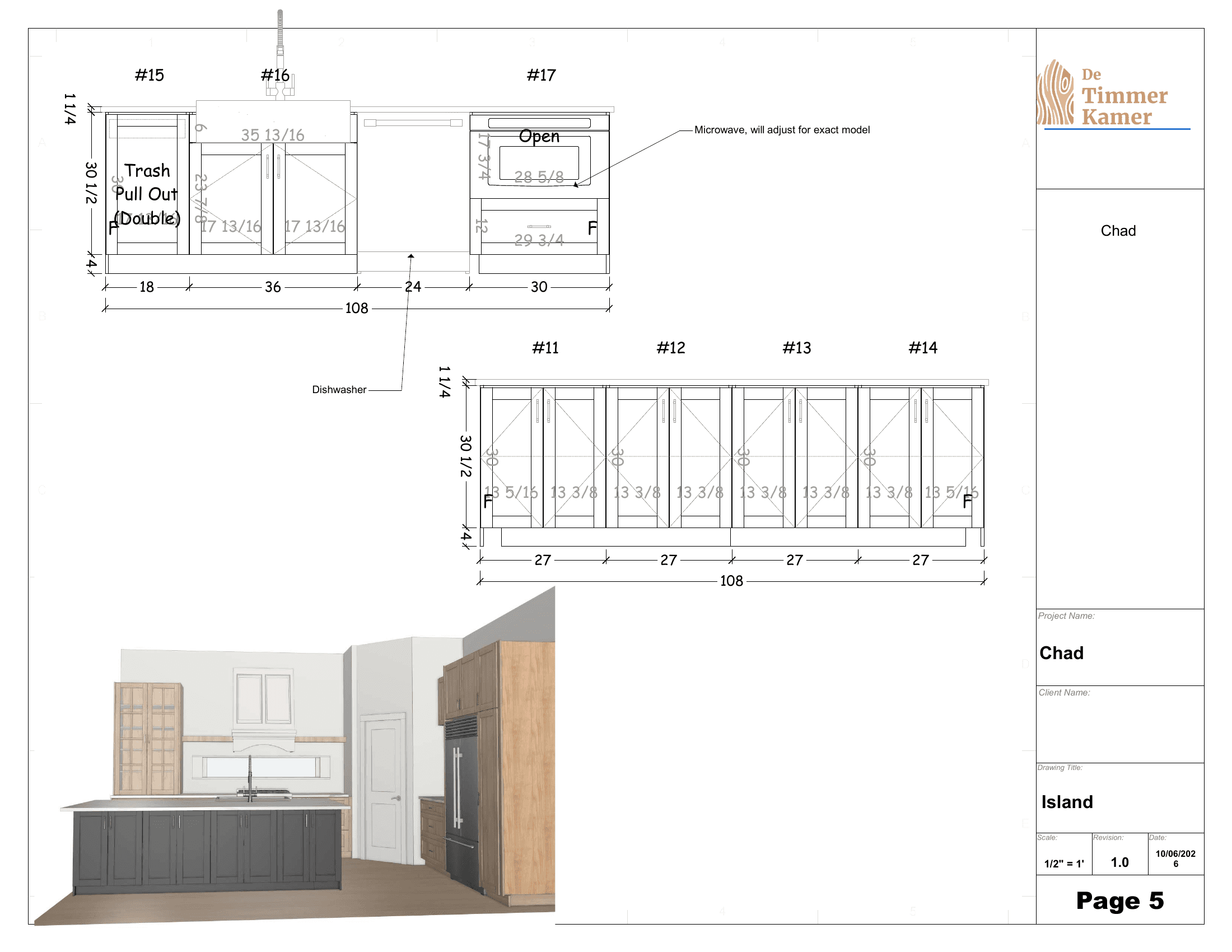 Mozaik island elevation sample with cabinet dimensions, appliance locations and a provisional note to adjust the microwave opening for the exact model.