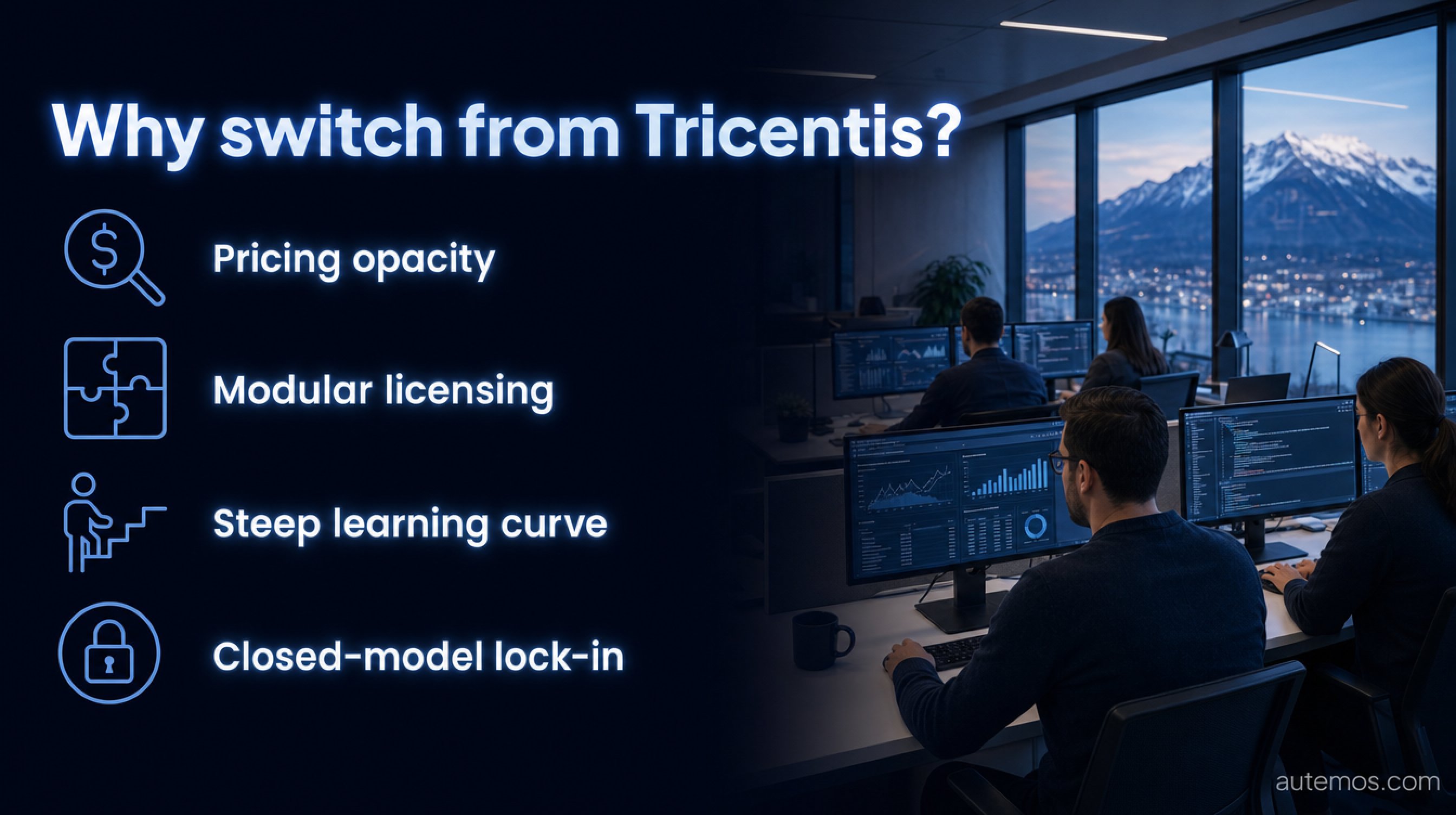 Infographic: four reasons to switch from Tricentis - pricing opacity, modular licensing, steep learning curve and closed-model lock-in.