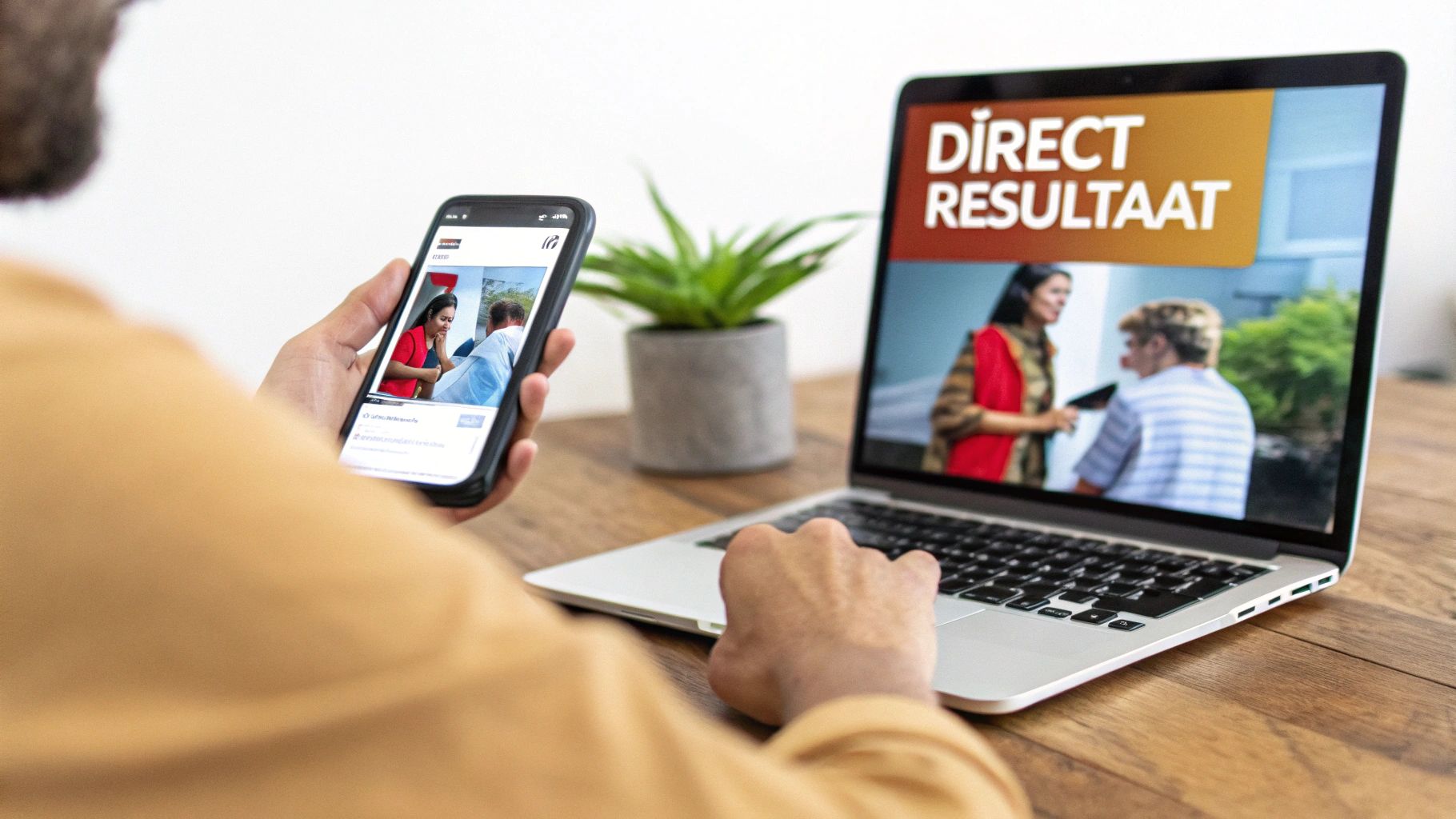 Persoon gebruikt smartphone en laptop voor online dienstverlening met direct resultaat banner