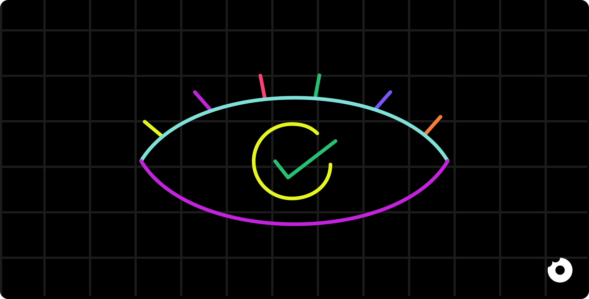 Abstract eye-shaped illustration with a checkmark, symbolizing review, verification, or clarity