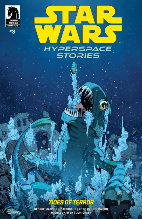 Cover for Star Wars: Hyperspace Stories - Tides of Terror #3 featuring Kit Fisto fighting an aquatic monster