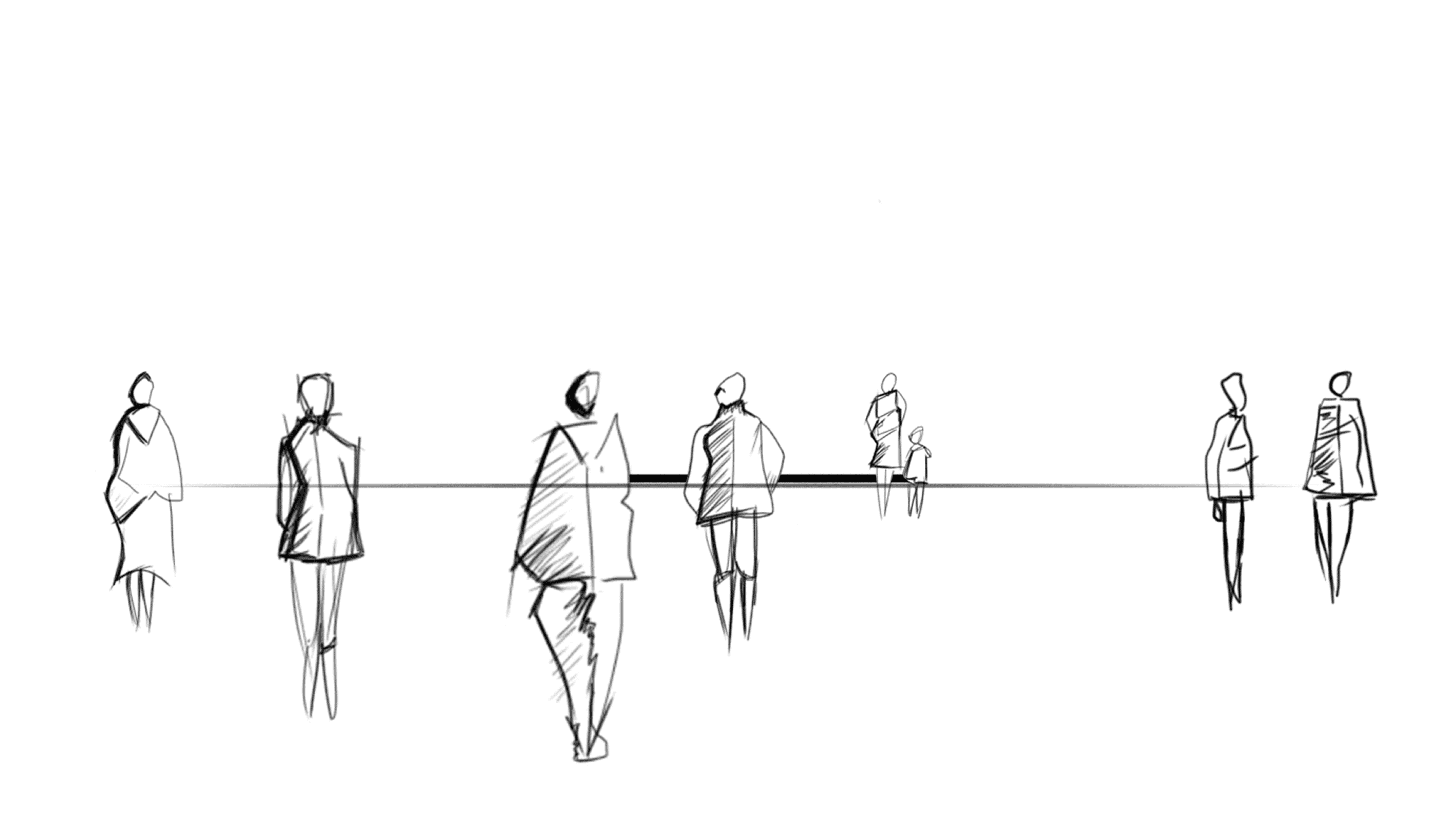 Digital black line sketch of people on a white background.