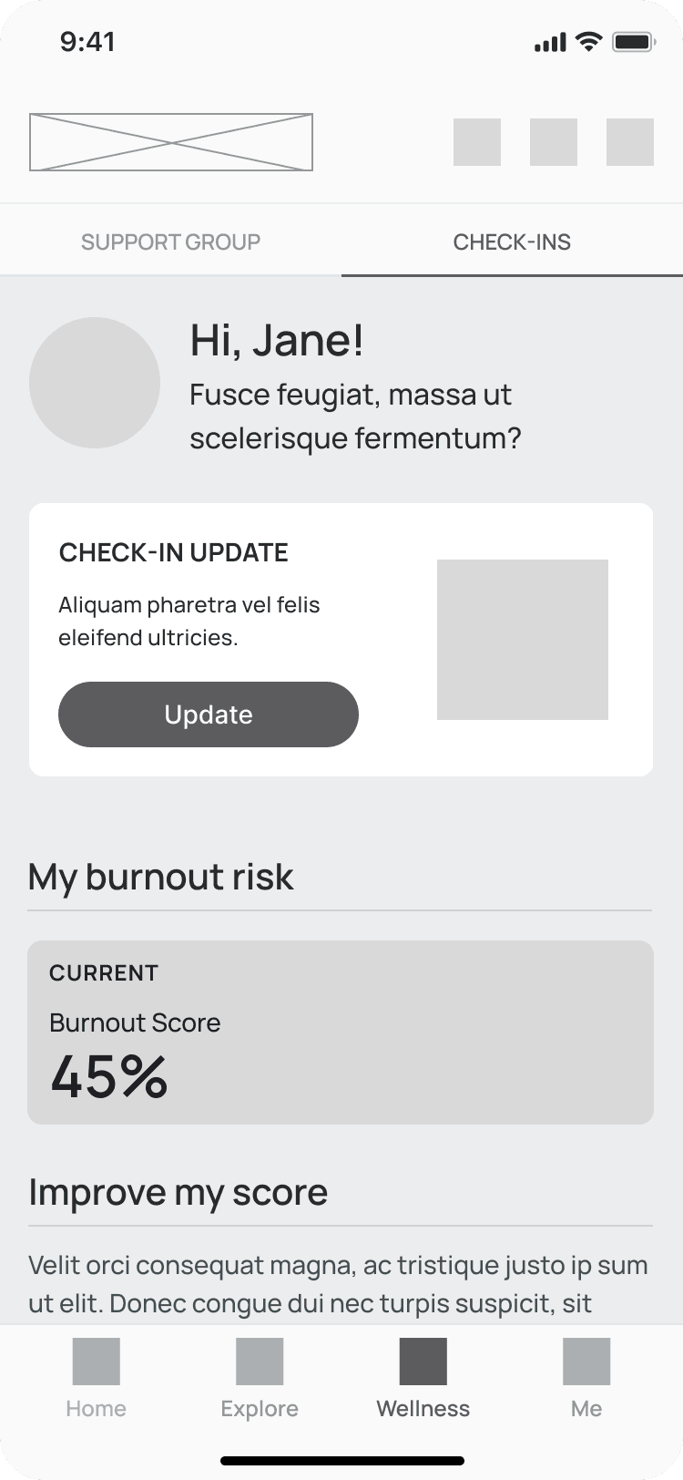 Mid-fidelity wireframe of the Wellness Check-in page