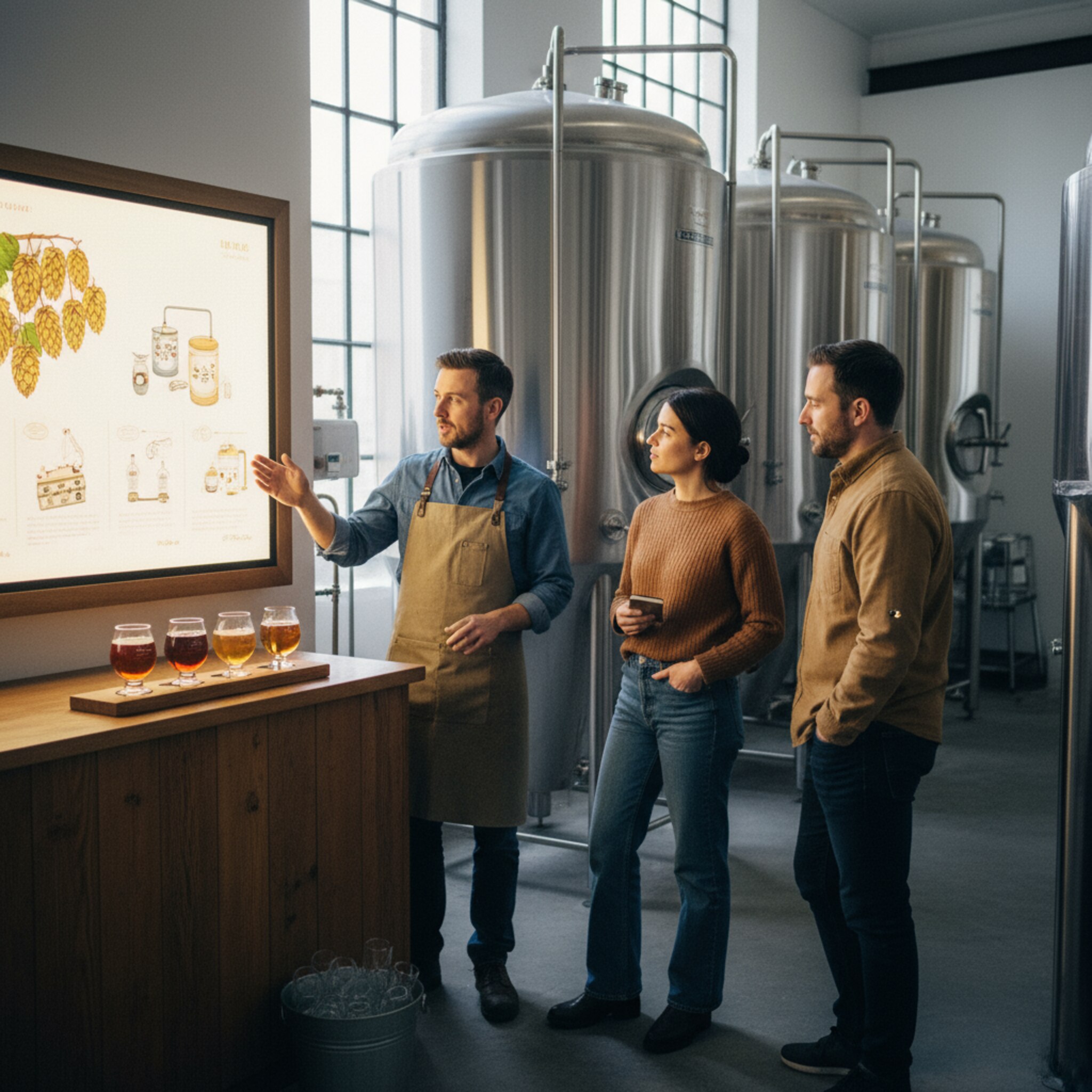 Eine kleine Gruppe steht zwischen glänzenden Tanks, auf einem Pult liegt ein Holzbord mit vier Probiergläsern. Der Guide zeigt auf eine Schautafel mit Hopfenkegeln. Warmes Seitenlicht zeichnet klare Konturen. Ein Eimer mit gereinigten Gläsern wartet diskret am Rand.