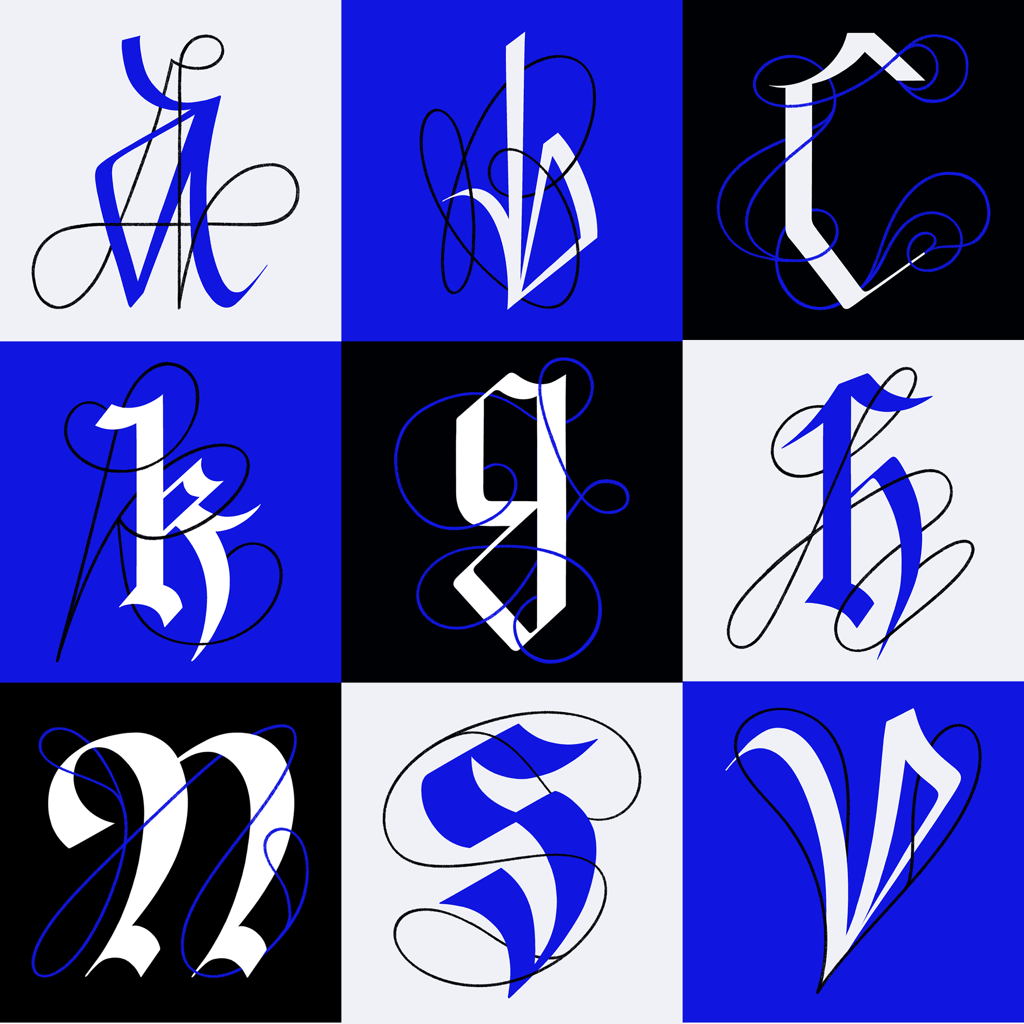 A sample set of letters A, B, C, K, G, H, N, S and V from 36 Days of Type design alphabet.