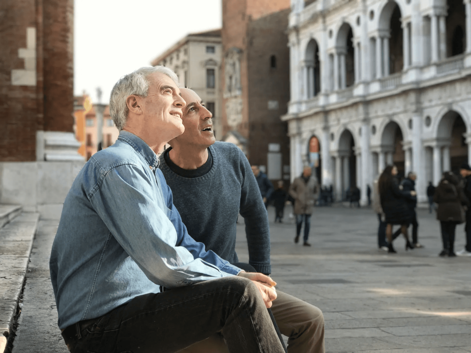 Two men looking at palace