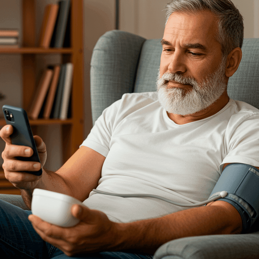 A bearded man in a white shirt checks his phone while holding a blood pressure monitor. He appears relaxed, sitting on a gray armchair at home.