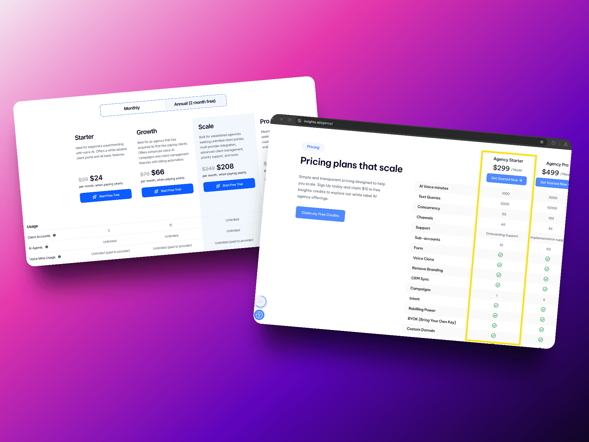 Insighto.ai alternative with better pricing options - VoiceAIWrapper offers scalable pricing plans starting at $24 for Starter, $66 for Growth, and $208 for Scale tier, with detailed feature comparison including AI voice minutes, red queues, omnichannel support, sub-accounts, form integration, voice clone, remove branding, CRM sync, campaigns, intake, roadmap policy, and BYOK bring your own key options | VoiceAIWrapper