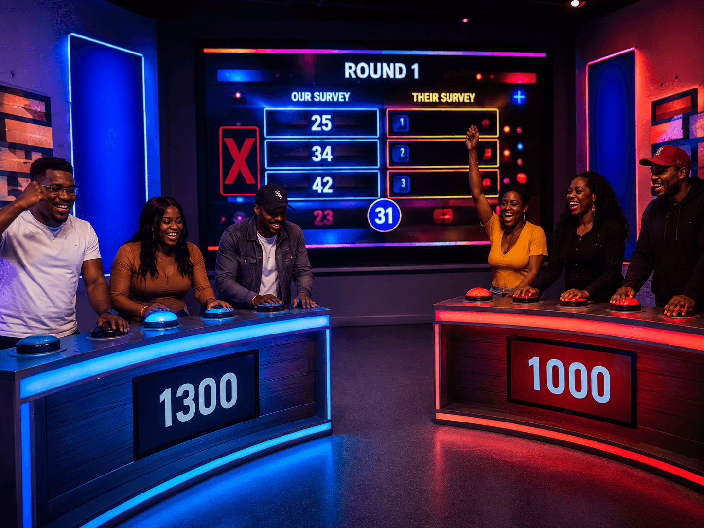 Friends competing in a lively game show style group activity.